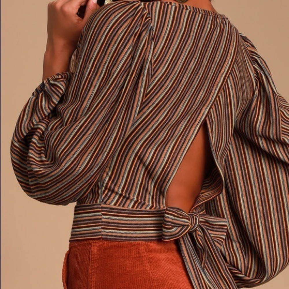 Free People Striped Open Back Tie Hem Balloon Sleeve Top Small Multi Color Boho